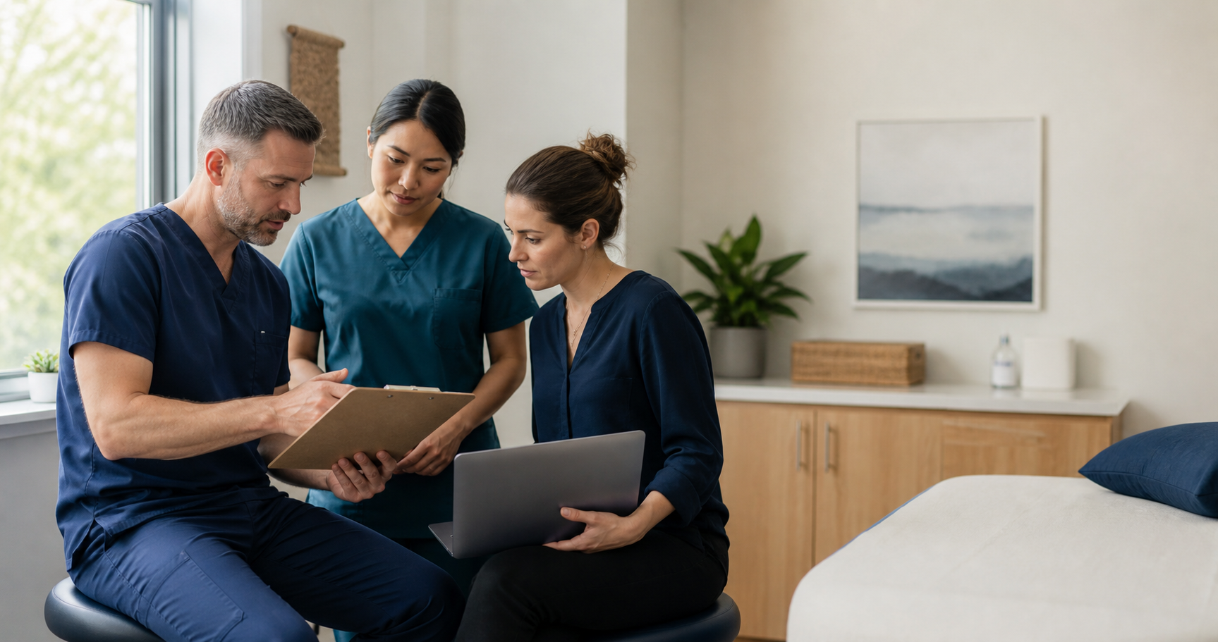 Three members of a small outpatient care team reviewing their work together
