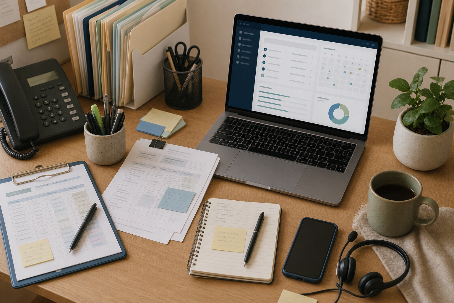 Laptop and organized notes on a small practice manager's desk